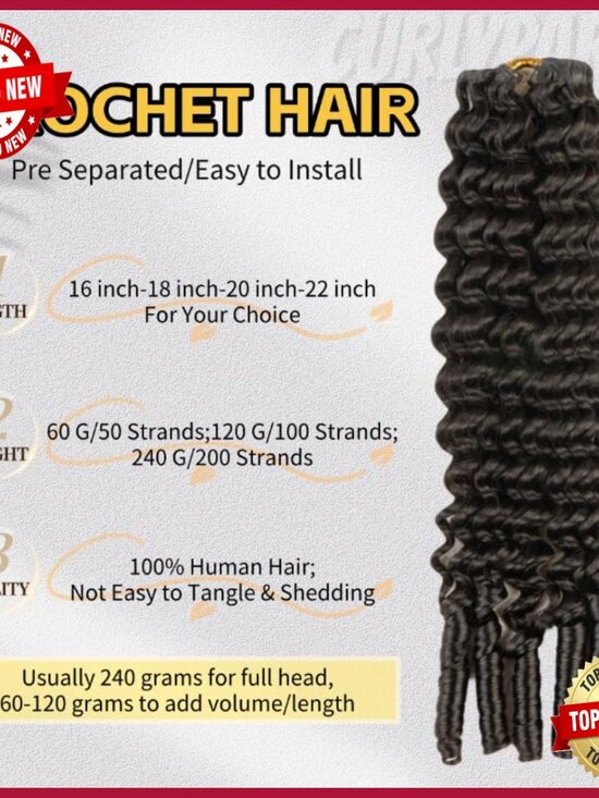 16 Inch Human Hair Crochet Extensions Deep Wave Burmese Curls Pre Looped main image 5